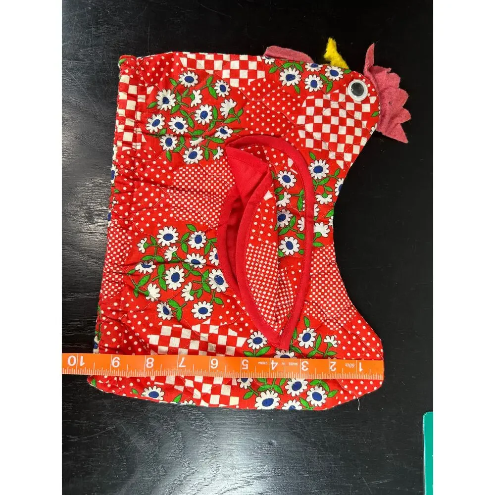 Cottage Quilted Red Chicken Rooster Kettle Cover Some Wear overall 12x8